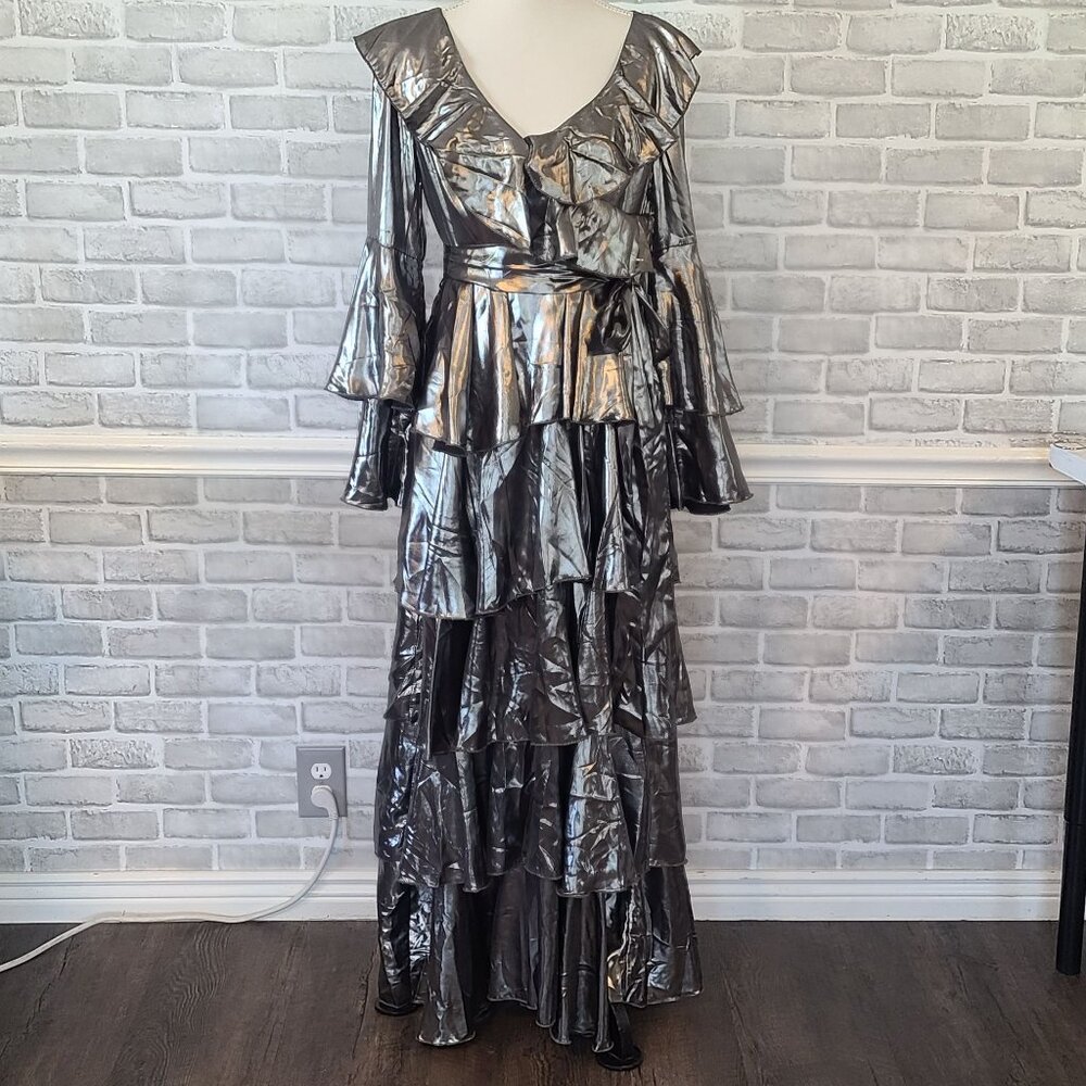Rosevelvet Silver Metallic Maxi Dress Tiers Ruffle Bell Sleeve NEW Romantic Glam